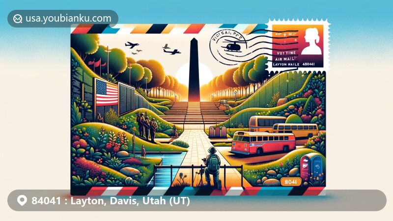 Creative illustration of Layton, Utah, highlighting ZIP code 84041, showcasing postcard theme with Vietnam Memorial Wall Replica, Layton Commons Park, and The Hive Winery.