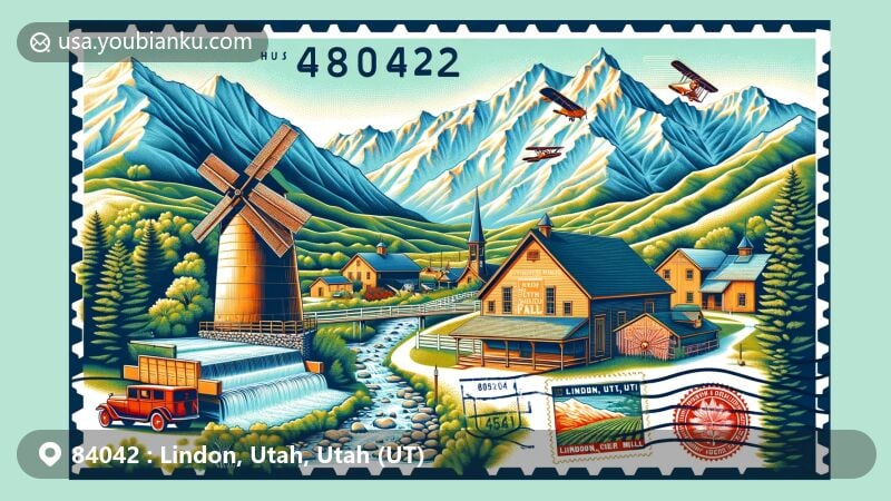 Creative depiction of Lindon, Utah, ZIP code 84042, blending geographical and historical elements with postal motifs, showcasing Wasatch Mountain Range, Gillman Farm, and Lindon Cider Mill.