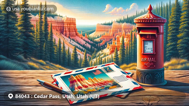 Modern illustration of Cedar Breaks National Monument in Utah, showcasing the colorful hoodoos of the breathtaking amphitheater, vintage airmail envelope with postcard, red postal mailbox, Utah state flag stamp, and ZIP code 84043.