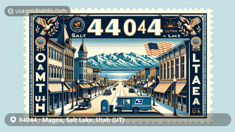 Modern illustration of Magna, Salt Lake County, Utah, featuring historic Main Street from Copper Boom Town Era with Greek architectural motifs and elements celebrating Greek heritage. Background showcases Great Salt Lake, Oquirrh Mountains, and postal theme with vintage postcard layout and ZIP code 84044.