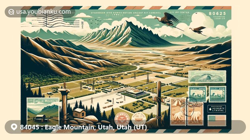 Modern illustration of Eagle Mountain, Utah, featuring Eagle Mountain at the Lake Mountains' bases in Cedar Valley, highlighting the Pony Express trail, Fremont Indian rock art petroglyphs, and the transition from Ranches to City Center, incorporating postal elements with a vintage postcard border, Utah state flag stamp, and ZIP code 84045.
