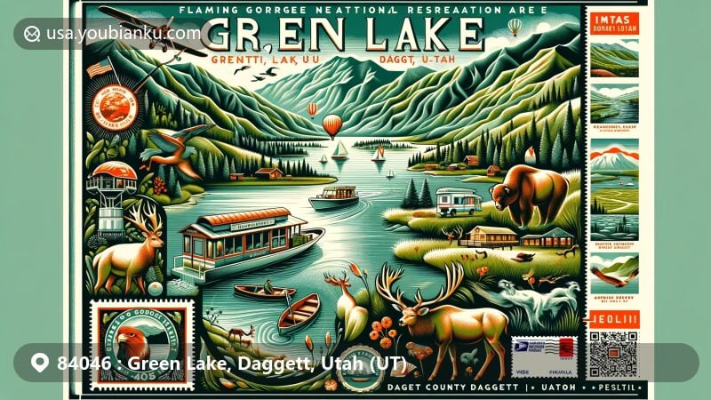 Modern illustration of Green Lake, Daggett, Utah, highlighting Flaming Gorge National Recreation Area's scenic beauty, boating, fishing, and Manila as gateway. Features diverse wildlife, rugged landscapes, and postal elements like vintage air mail envelope, postage stamp, postal mark for ZIP code 84046, and subtle postal vehicle or mailbox.