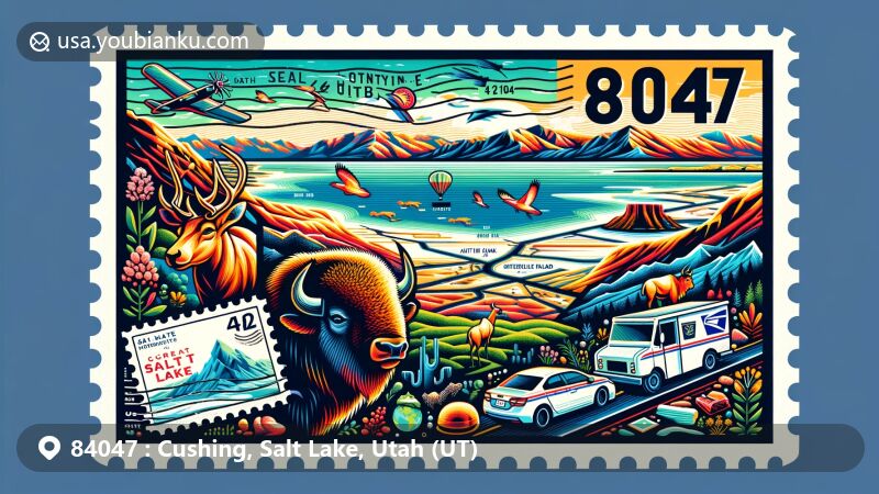 Creative illustration of Cushing, Salt Lake County, Utah, featuring postal theme with ZIP code 84047, showcasing Great Salt Lake, Antelope Island State Park, and Bonneville Salt Flats. Includes postal symbols, stamps, and postmark, as well as bison and antelopes representing local wildlife.