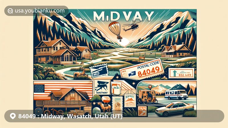 Modern illustration of Midway, Wasatch County, Utah, highlighting scenic Wasatch Mountain State Park and postal theme with ZIP code 84049, showcasing outdoor activities and historical significance.