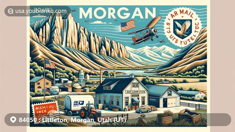Modern illustration of Morgan, Utah, highlighting farm town charm and outdoor opportunities, with postal theme symbolizing ZIP code 84050, featuring Devil's Slide formations, East Canyon State Park, and agricultural elements.