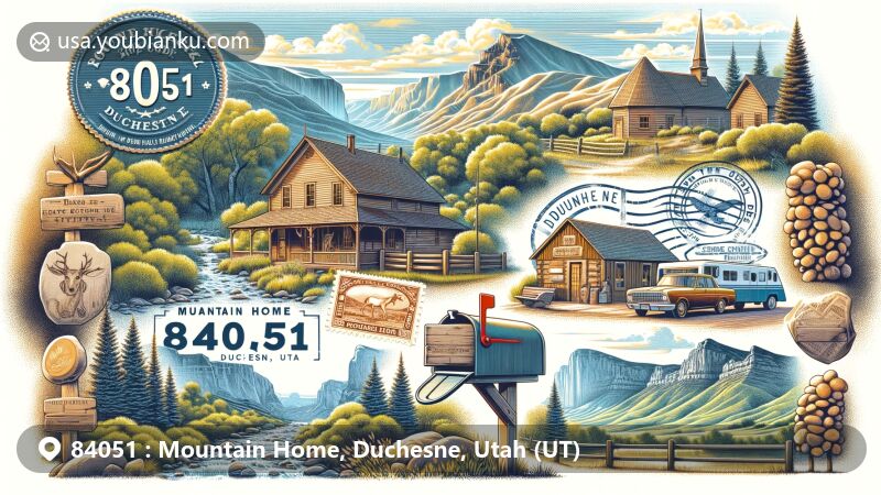 Charming illustration of Mountain Home, Duchesne, Utah, featuring historic Rock Creek Store and Bed & Breakfast, with High Uintas in the background. Includes postal elements like antique stamp and classic mailbox symbolizing community connection.