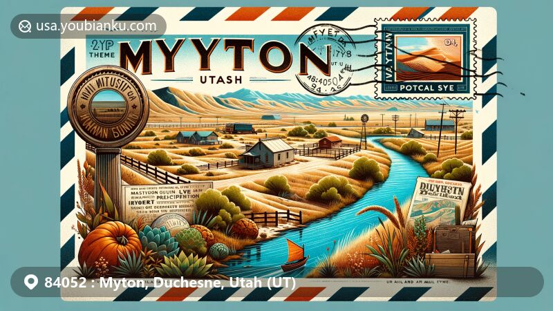 Modern illustration of Myton, Utah, showcasing ZIP Code 84052, featuring Duchesne River, vintage air mail elements, and symbolic historical marker.