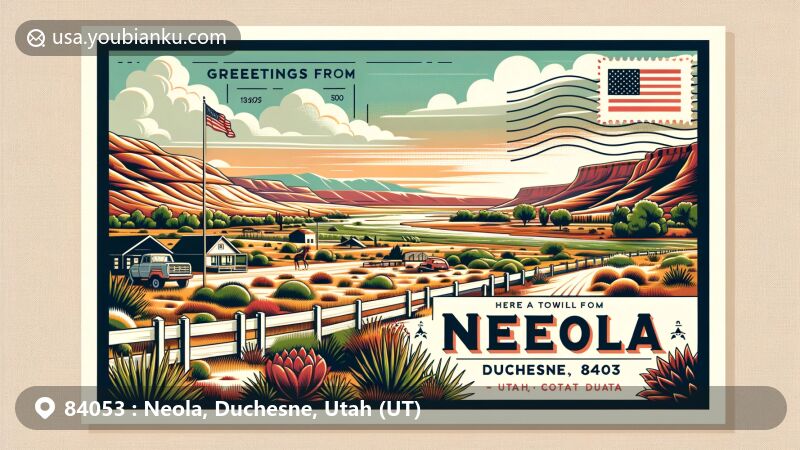 Modern illustration of Neola, Duchesne, Utah, showcasing semi-arid landscape with Utah state flag, Duchesne County outline, and local wildlife, complemented by vintage postal theme and ZIP code 84053.