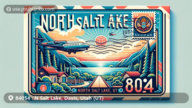 Modern illustration of North Salt Lake, Utah (UT), showcasing postal theme with ZIP code 84054, featuring the scenic beauty of the city and the iconic Great Salt Lake, integrating geographical features. In the foreground, a stylized large airmail envelope dominates the view, with a vibrant stamp displaying the Utah state flag, elegantly labeled with '84054' and 'North Salt Lake, UT'. The envelope also displays postmarks and postal symbols in the top right corner, symbolizing the journey of mail. The artwork uses bright, inviting colors to create a welcoming and warm atmosphere, with a modern and eye-catching style, clear lines, clearly showcasing the postal and regional identity of the 84054 postal code area.