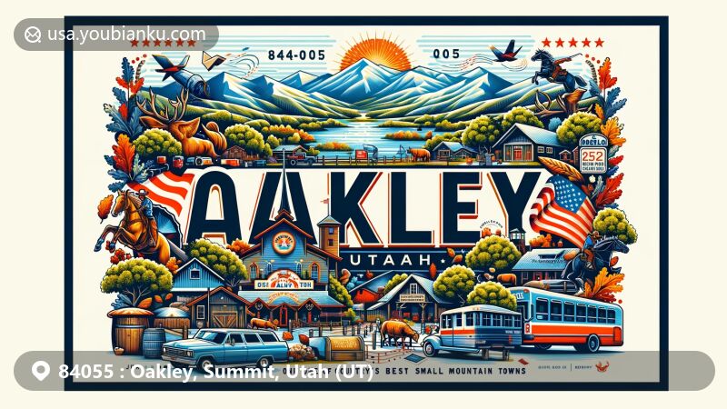 Modern illustration of Oakley, Utah, highlighting small town charm and mountain beauty, featuring postal theme with key symbols like oak trees, Wasatch Mountains, and rodeo elements, showcasing ZIP code 84055.