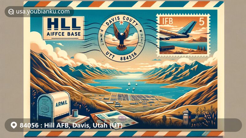 Modern illustration of Hill AFB area in Davis County, Utah, depicting natural scenery with Wasatch Mountains and Great Salt Lake, presented in postcard style, featuring airmail envelope with ZIP code 84056, stamp, postal mark, map, mailbox, and postal van.