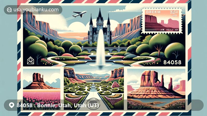 Modern illustration of Orem, Utah's ZIP code 84058, featuring Nielsen's Grove Park with European castle garden landscapes, including a large water fountain and 24,000 tulips, and iconic Utah landmarks like Chimney Rock, Mesa Arch, and Goblin Valley State Park.