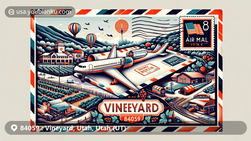 Modern illustration of Vineyard, Utah, showcasing postal theme with ZIP code 84059, featuring Vineyard Heritage Park and Geneva Megaplex.