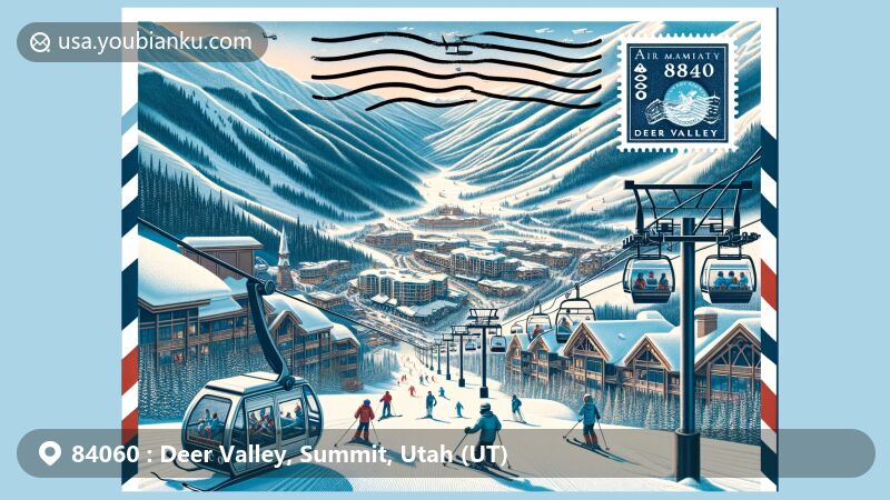 Modern illustration of Deer Valley, Summit County, Utah, capturing the winter wonderland essence of Deer Valley Resort, featuring ski slopes, chairlift, skiers, mountains, and Silver Lake Village within a postal-themed air mail envelope.