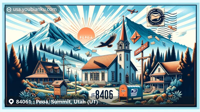 Modern illustration of Peoa, Summit County, Utah, showcasing postal theme with ZIP code 84061, featuring Peoa Church, Lyons House, Maxwell House, Jordanelle and Rockport State Parks, and vintage postal service symbols.