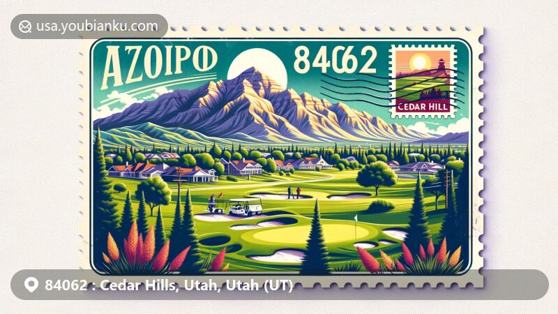 Modern illustration of Cedar Hills, Utah, highlighting Mount Timpanogos in the background, vintage postcard frame with Cedar Hills Golf Club stamp, and juniper tree details around, all centered around ZIP code 84062.