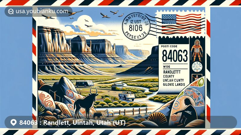 Modern illustration of Randlett, Uintah County, Utah, capturing the scenic landscape with unique geological formations, including elements representing local culture and history like petroglyphs and gilsonite mining, set against the backdrop of Uinta Mountains and canyonlands.