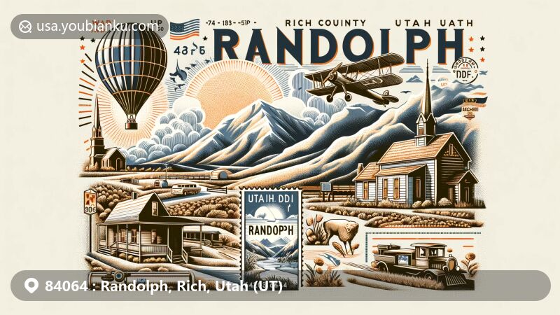 Modern illustration of Randolph, Rich County, Utah, highlighting local and postal fusion with ZIP code 84064, featuring historical roots from 1870 and LDS settlers, including landmarks like Randolph historical marker and postal motifs like air mail envelope, Utah state flag stamp, and 84064 Randolph, UT cancellation mark.
