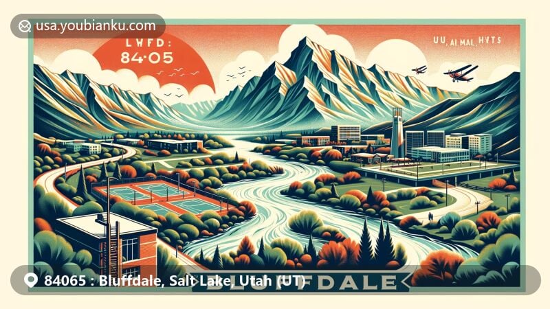 Modern illustration of Bluffdale, Utah, showcasing postal theme with ZIP code 84065, featuring Wasatch and Oquirrh Mountain Ranges, Jordan River, Wardle Fields Regional Park, and seasonal transitions.