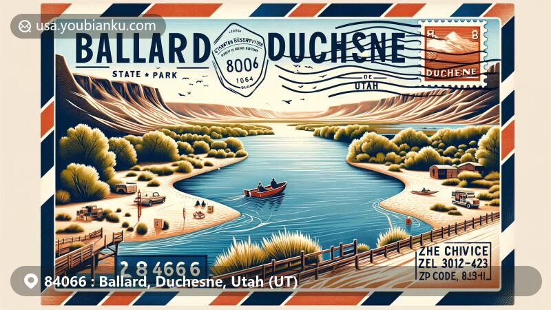 Modern illustration of ZIP code 84066 for Ballard, Duchesne, Utah, featuring Starvation Reservoir State Park, Duchesne River, vintage airmail envelope design with 2024 postmark and postage stamp.