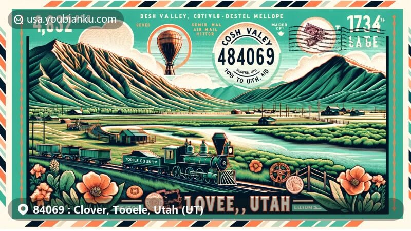 Modern illustration of the Clover area in Tooele County, Utah, showcasing semi-arid landscapes of Rush Valley with the Great Salt Lake, Deseret Peak, and historical elements of mining and railroad history. Styled as a postcard with postal elements like stamps, postmark with ZIP code 84069, and air mail stripe.