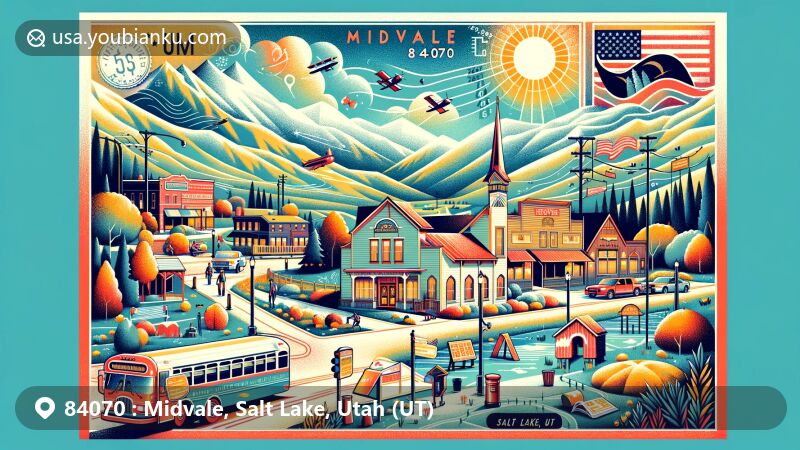 Enchanting illustration of Midvale, Utah, blending postal themes and distinct climate features, with a nod to local history and popular outdoor activities, alongside a vintage postcard layout and symbols of ZIP code 84070.