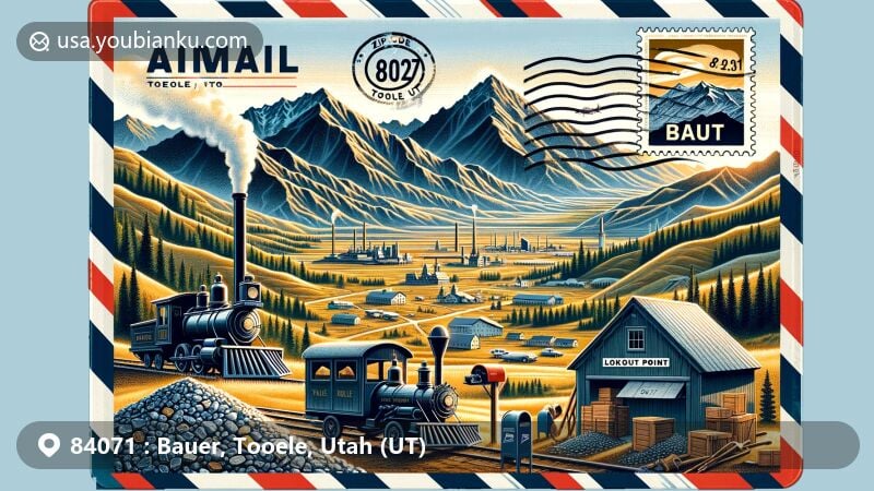 Vibrant illustration of Bauer, Tooele County, Utah, highlighting postal theme for ZIP code 84071, showcasing Stansbury Mountains silhouette, mining tools, vintage mail truck, and Tooele Valley panorama.