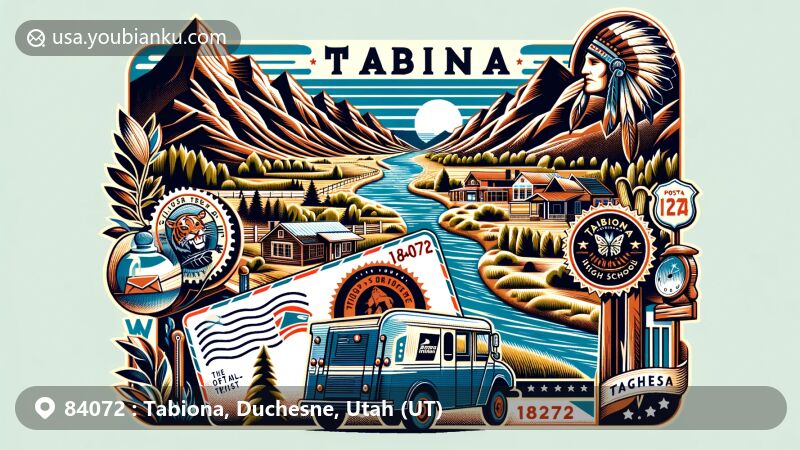 Modern illustration of Tabiona, Duchesne, Utah, featuring natural beauty with mountains and Duchesne River, airmail envelope symbolizing postal service, vintage postal truck, Ute tribe and Tabiona High School Tiger mascots.