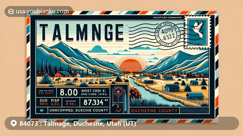 Modern illustration of Talmage, Duchesne County, Utah, featuring postal theme with ZIP code 84073, showcasing semi-arid landscape and unincorporated community status.