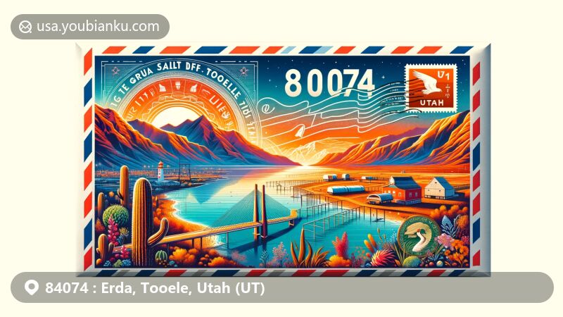 Modern illustration of Erda, Tooele, Utah, representing ZIP code 84074 with airmail envelope, Great Salt Lake, Stansbury Island, official seal, Oquirrh Mountains silhouette, Delicate Arch, Utah state flag, and diverse landscapes.