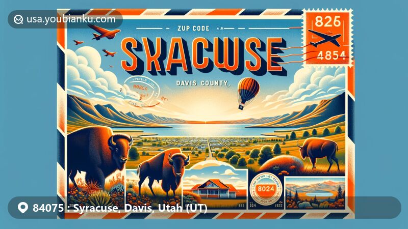 Modern illustration of Syracuse, Davis County, Utah, inspired by air mail envelope design, featuring Great Salt Lake, Antelope Island State Park, and local wildlife, with mountains and clear sky in the background.