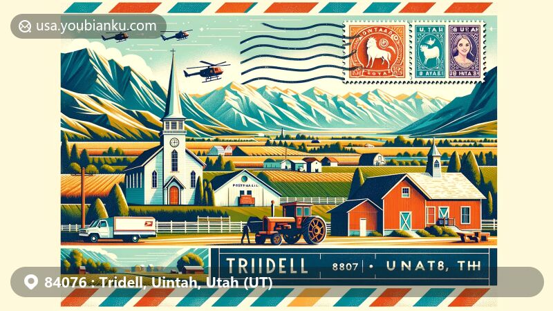 Modern illustration of Tridell, Uintah, Utah, showcasing postal theme with ZIP code 84076, featuring agricultural landscape, valleys, and Uintah mountains.