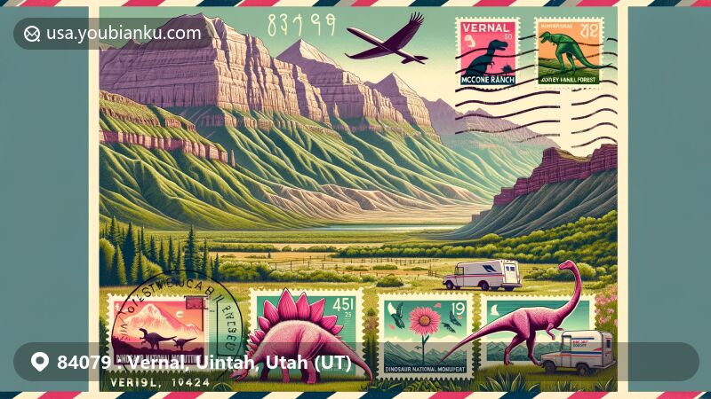 Modern illustration of Vernal, Utah, highlighting Uinta Mountains, Ashley National Forest, and Dinosaur National Monument, with a postcard theme featuring Pink Brontosaurus, McConkie Ranch petroglyphs, and ZIP code 84079.