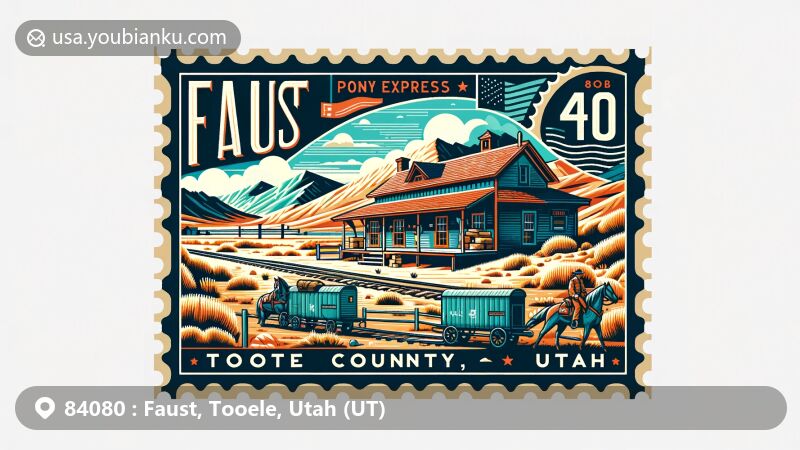 Modern illustration of Faust, Tooele, Utah, highlighting Faust Pony Express Station and rugged central Utah scenery, blending rustic and modern vibes with postal elements such as mail envelope, showcasing ZIP code 84080 and 'Faust, Tooele, Utah'.