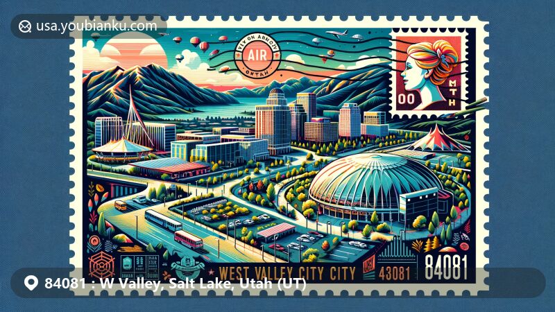 Modern illustration of West Valley City, Utah, highlighting local landmarks like Utah Cultural Celebration Center, Maverik Center, and USANA Amphitheatre, with scenic views of Oquirrh Mountains and Jordan River.