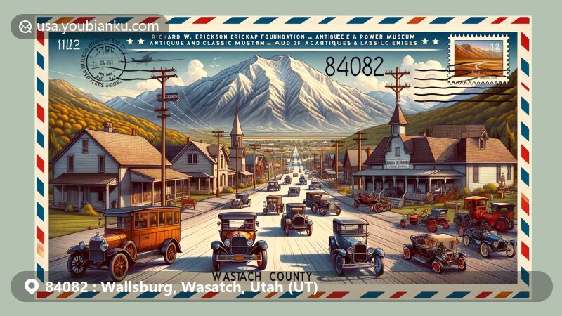 Modern illustration of Wallsburg, Utah, showcasing the Richard W. Erickson Foundation Antique and Classic Power Museum, vintage vehicles, Wallsburg Fort historical marker, and Utah's natural beauty with Wasatch Mountains.