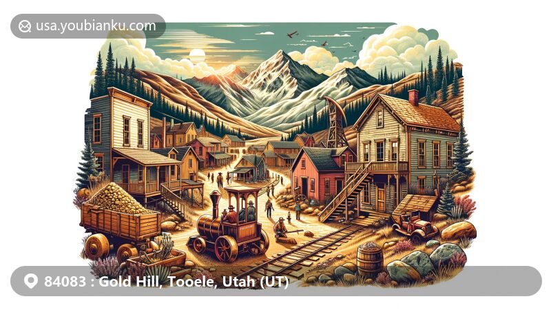 Modern illustration of Gold Hill in Tooele County, Utah, capturing the town's mining history and natural beauty, set against the backdrop of the Deep Creek Mountains.