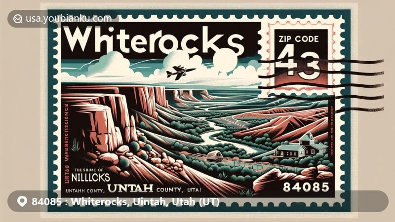 Modern illustration of Whiterocks, Uintah, Utah, showcasing postal theme with ZIP code 84085, featuring Whiterocks Village archaeological site and Native American culture.