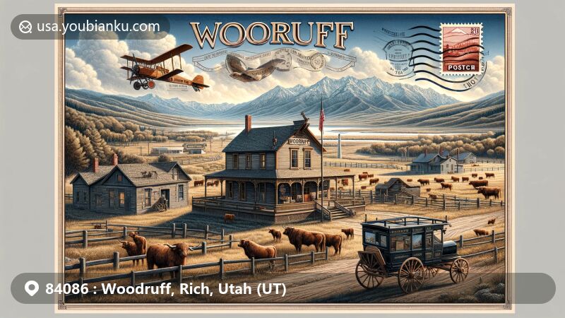 Modern illustration of Woodruff, Rich County, Utah, highlighting postal theme with historic Stake House, ranching community, Bear Lake Valley, and Wasatch Mountain views.