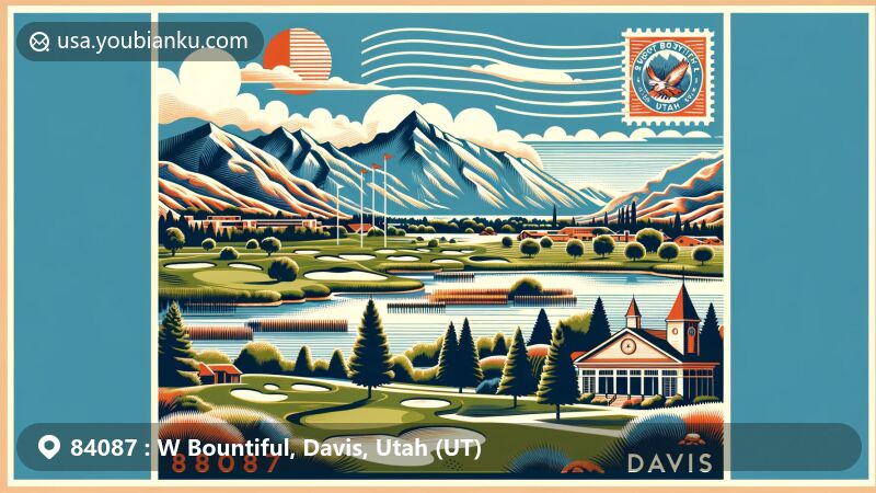 Modern illustration of W Bountiful, Davis, Utah, featuring Lakeside Golf Course, Utah's natural beauty with mountains and clear skies, Bountiful Davis Art Center, and vintage postal elements.
