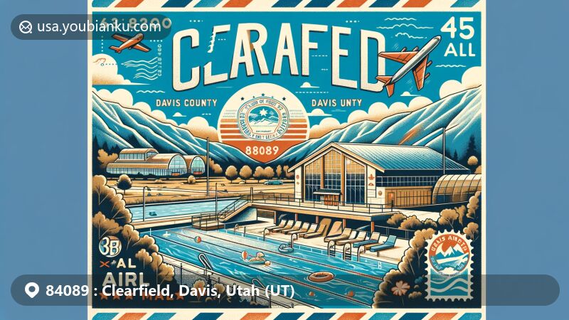 Modern illustration of Clearfield, Davis County, Utah, featuring postal theme with ZIP code 84089, showcasing connection to Hill Air Force Base, Clearfield Aquatic Center, and Wasatch Range.