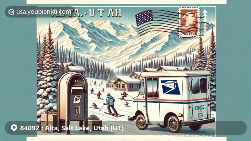 Modern illustration of postcard from Alta, Utah, featuring Wasatch Mountains, Alta Ski Area, postage stamps, postmark, postal vehicle, Utah state flag, and skiers in snow-covered mountains.