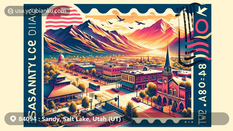 Modern illustration of Sandy, Salt Lake County, Utah, showcasing ZIP code 84094, with Wasatch Mountains in the background, historical and modern landmarks like Sandy Historic District and Sandy Amphitheater in the foreground, and postal elements like a stylized stamp with Utah state flag and postal mark.