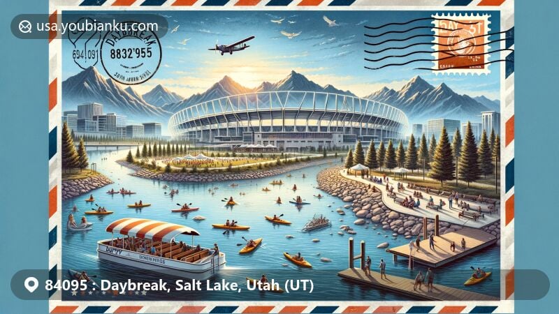 Modern illustration of Daybreak community in South Jordan, Utah, featuring the construction site of Salt Lake Bees' new stadium, Oquirrh Lake with water activities, vintage air mail envelope with Utah state flag stamp, and scenic Wasatch Mountains.