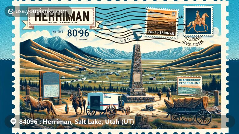 Modern illustration of Herriman, Utah in Salt Lake County, centered around the Fort Herriman historical marker with natural landscape, including rugged terrain, open fields, and Blackridge Reservoir, framed by an air mail envelope featuring a postage stamp with Fort Herriman image and 'Herriman, UT 84096' postmark.
