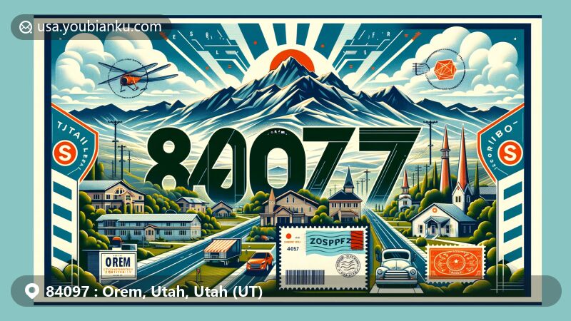 Modern illustration of ZIP Code 84097 in Orem, Utah, featuring landmarks like Utah Valley University and Timpanogos Storytelling Festival, with postal elements in a postcard layout, showcasing local pride and natural beauty.