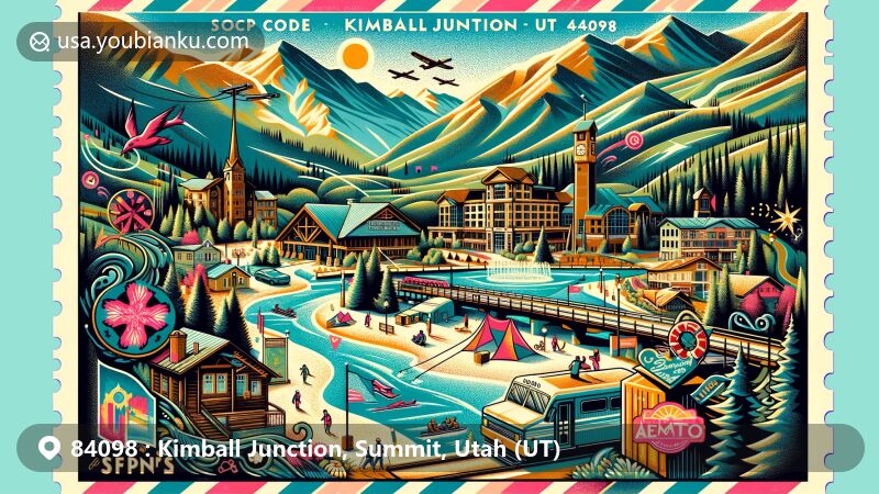 Modern illustration of Kimball Junction, Summit County, Utah, showcasing postal theme with ZIP code 84098, featuring Utah Olympic Park, The St. Regis Deer Valley, Kimball Art Center, Egyptian Theatre, and mountainous terrain of Summit County.