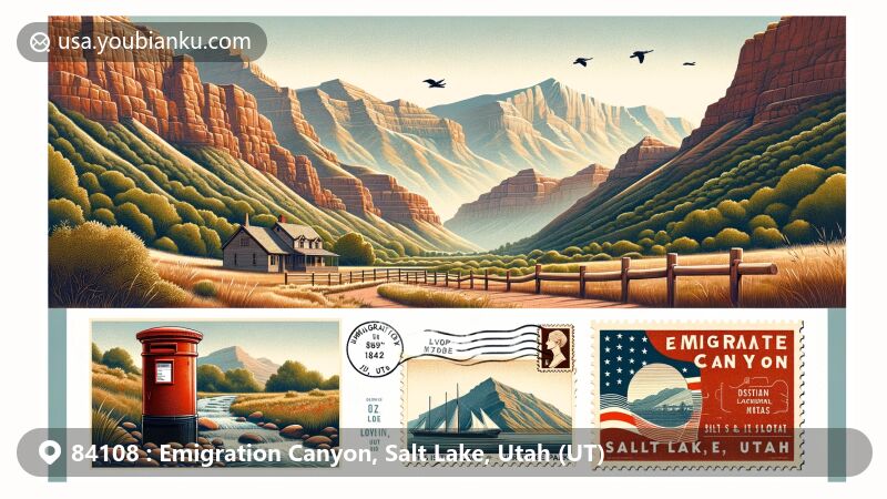 Modern illustration of Emigration Canyon in Salt Lake City, Utah, featuring postal theme with ZIP code 84108, showcasing historical significance as original pioneer route, including Mormon pioneers.