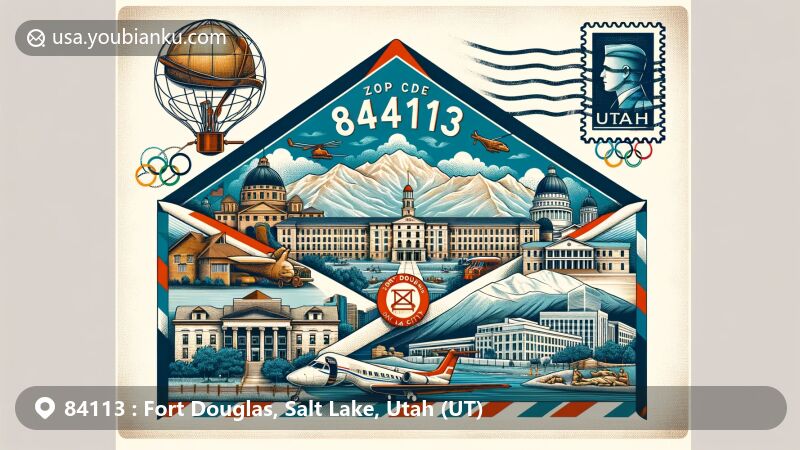 Modern illustration of Fort Douglas, Salt Lake City, Utah, featuring vintage airmail envelope frame with detailed depiction of military site and University of Utah, highlighting historical buildings, museum artifacts, and 2002 Winter Olympics connection.