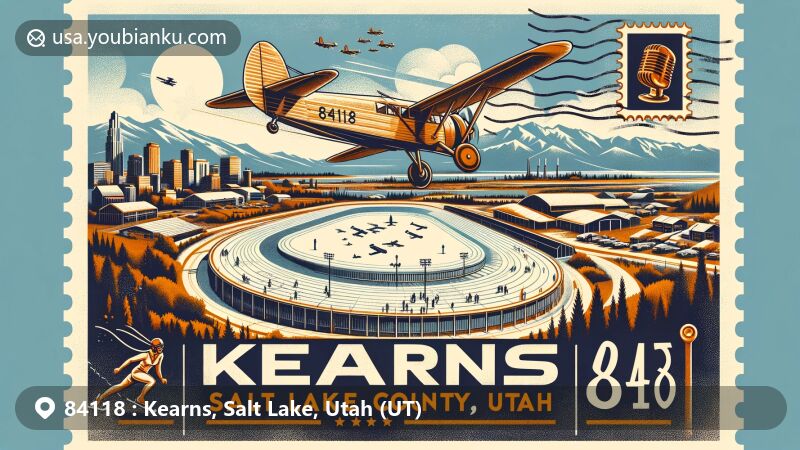 Modern illustration of Kearns, Salt Lake County, Utah, with ZIP code 84118, featuring vintage airplanes, Utah Olympic Oval, Salt Lake Valley, Wasatch Mountains, and postal elements like a postage stamp, Utah state flag, and postmark.